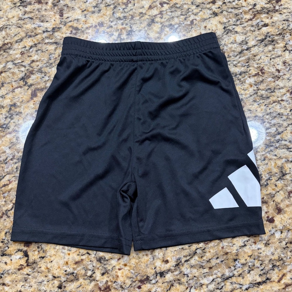 NEW Adidas Kids Black Athletic Shorts White Graphic Logo Size 4 Regular Fit ws